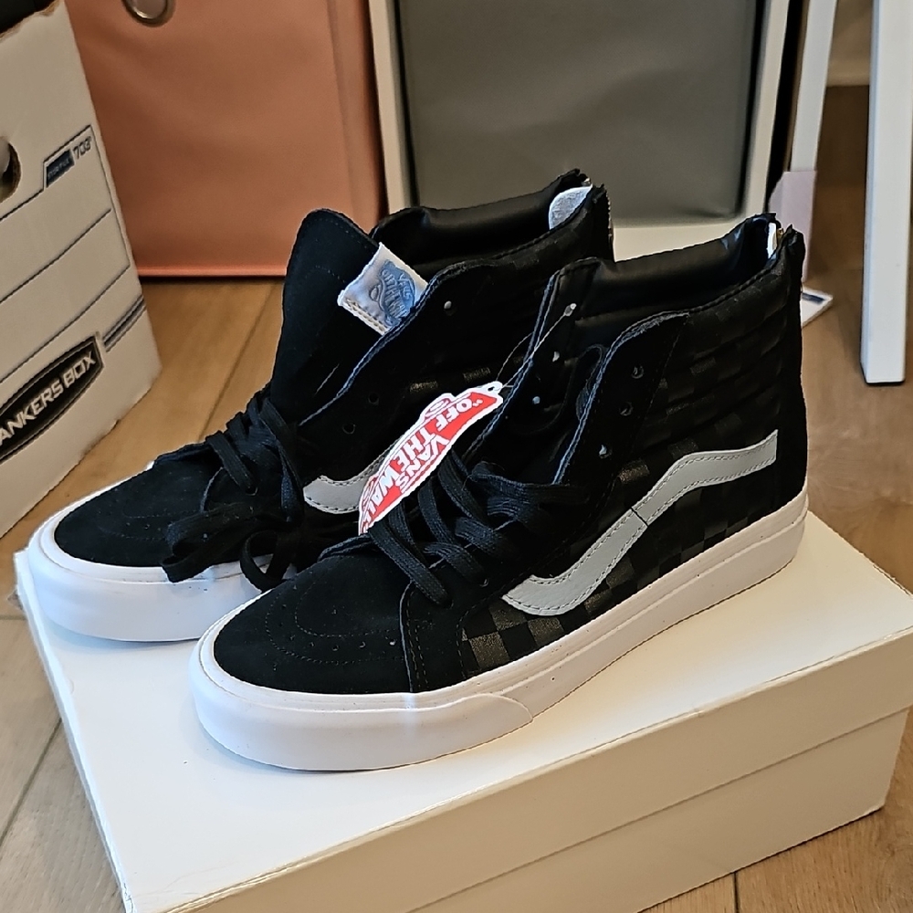 Vans Black and White High-Top Sneakers with Stripe